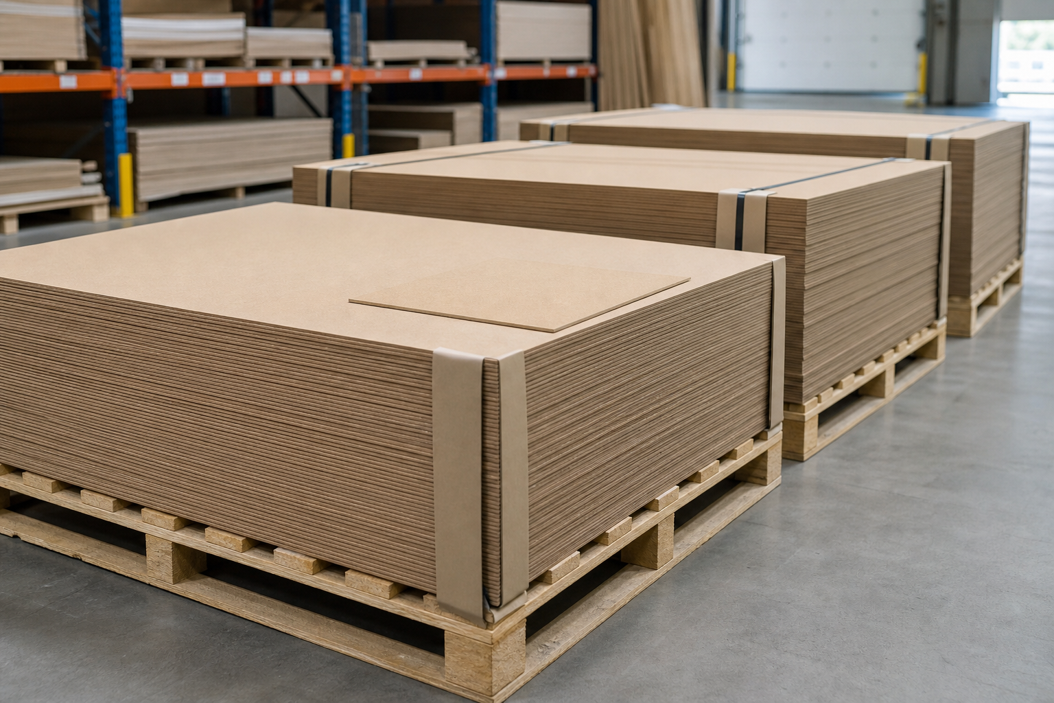 Bulk pallets of thin MDF backing sheets prepared for wholesale supply